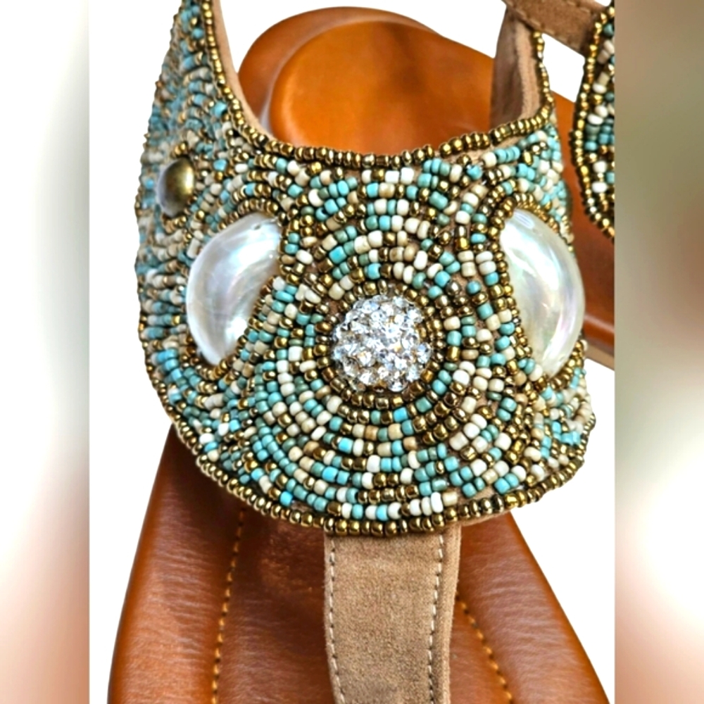 Skemo Luxury Bead Embroidered Tan Turquoise Ankle Strap Sandals Shell Details - Picture 9 of 13